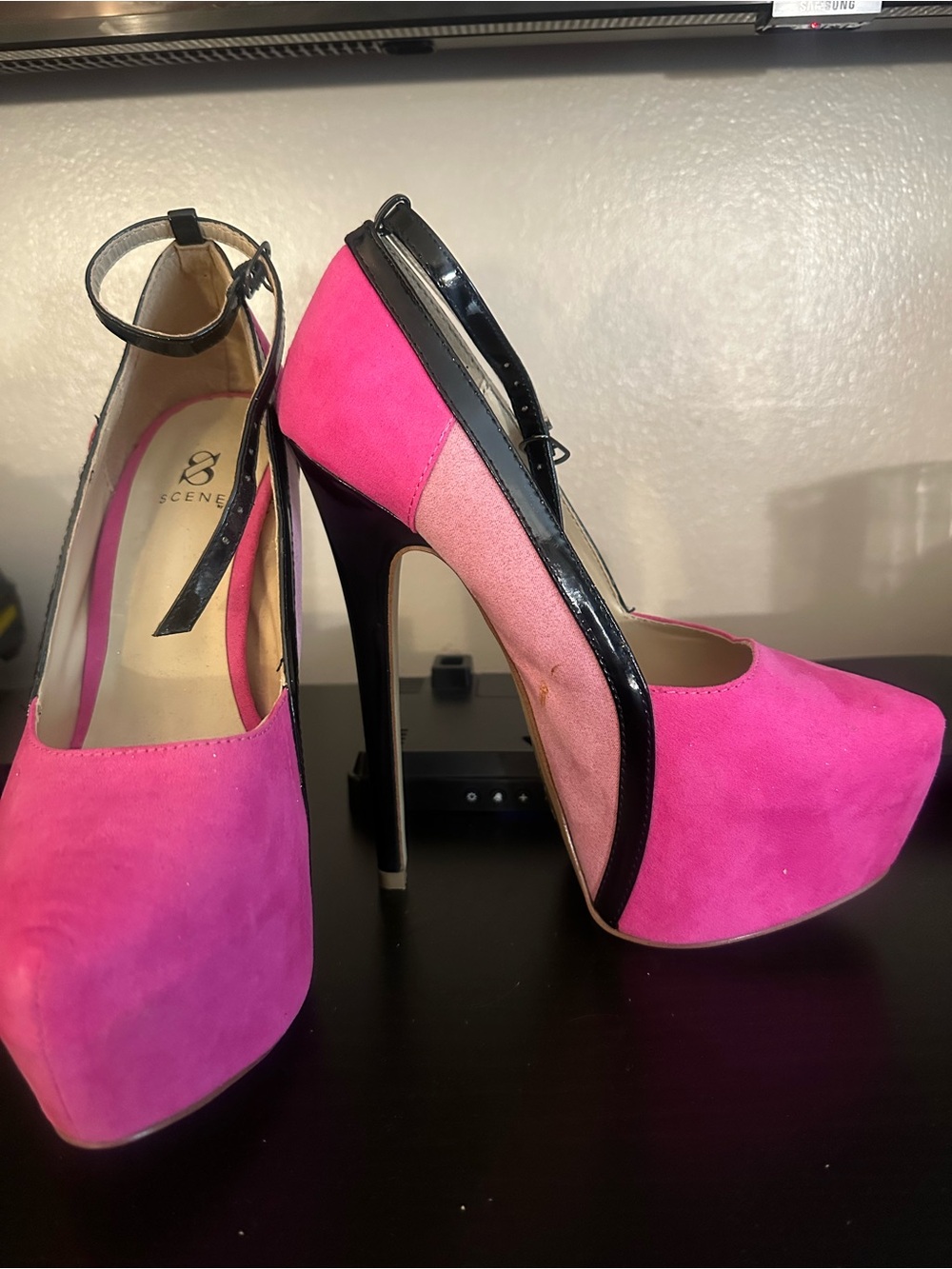 Accent Pink Suede Platform Pump with Ankle Strap - Women